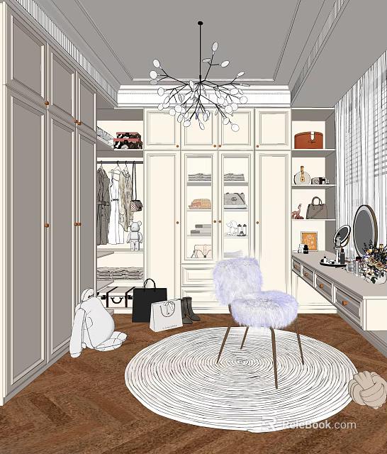 Luxury Closet Interior With White Cabinets Hanging Clothes Designer Bags Faux Fur Chair And Mirror 3d model 