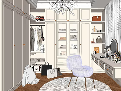 Luxury Closet Interior With White Cabinets Hanging Clothes Designer Bags Faux Fur Chair And Mirror 3d model