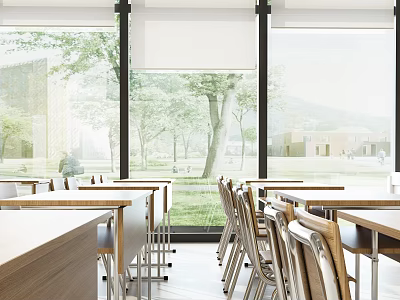 Modern School Dining Area Interior With Wooden Tables Metal Chairs And Large Windows 3d model