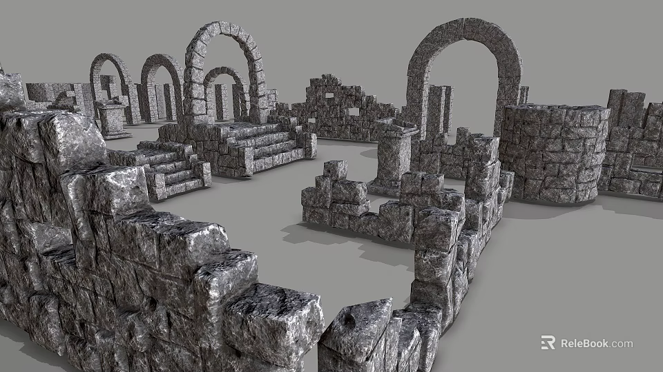 Stone and Wood Ancient Ruins Architecture with Arches Stairs and Masonry Structures 3d model 