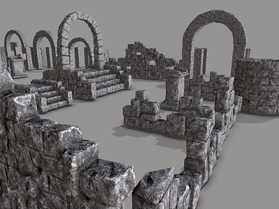 Stone and Wood Ancient Ruins Architecture with Arches Stairs and Masonry Structures 3d model