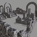 Stone and Wood Ancient Ruins Architecture with Arches Stairs and Masonry Structures
