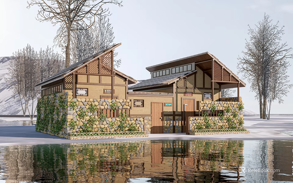 Rustic Lakeside House Exterior With Wooden Structure Stone Walls And Water Reflection 3d model 