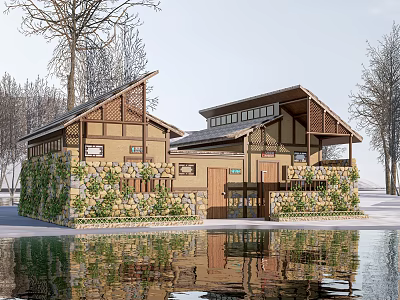 Rustic Lakeside House Exterior With Wooden Structure Stone Walls And Water Reflection 3d model