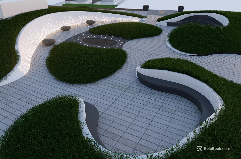 Modern Park Landscape With Curved Pathways Circular Lawns And Paved Seating Areas 3d model 