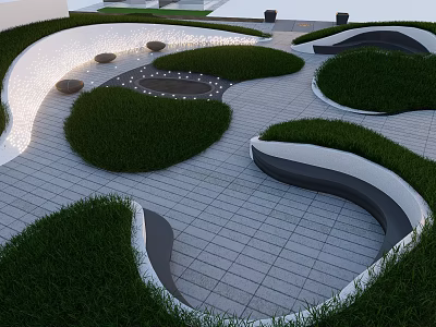 Modern Park Landscape With Curved Pathways Circular Lawns And Paved Seating Areas 3d model