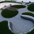 Modern Park Landscape With Curved Pathways Circular Lawns And Paved Seating Areas