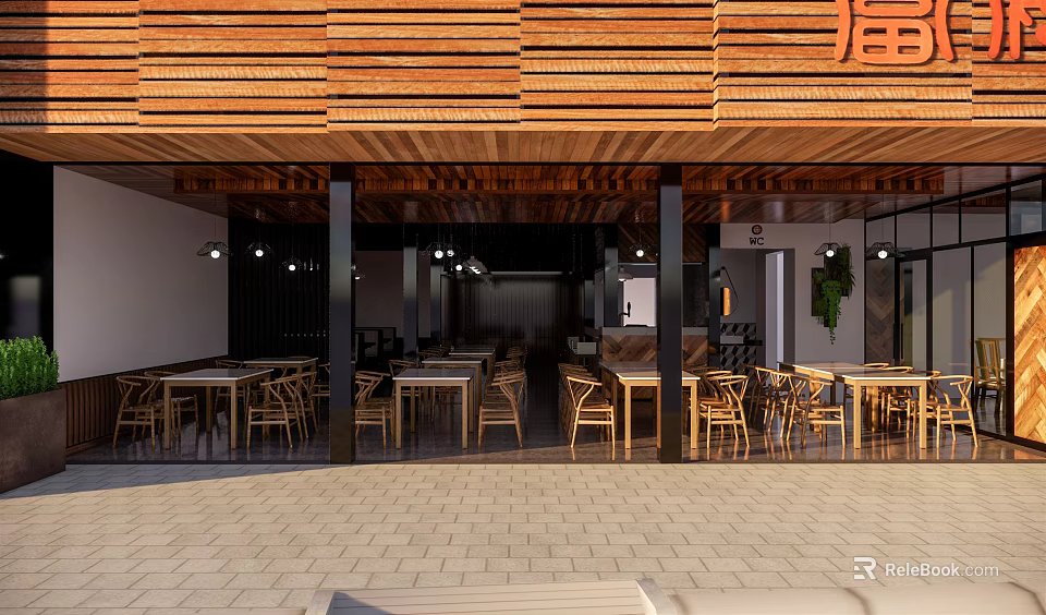 Rustic Restaurant Design Featuring Wooden Facade Outdoor Tables And Chairs 3d model 