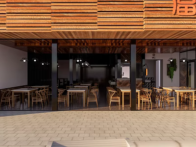 Rustic Restaurant Design Featuring Wooden Facade Outdoor Tables And Chairs 3d model