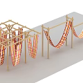 Different Design Wooden Frame Structures With Hanging Orange Red Checkered Fabric 3d model
