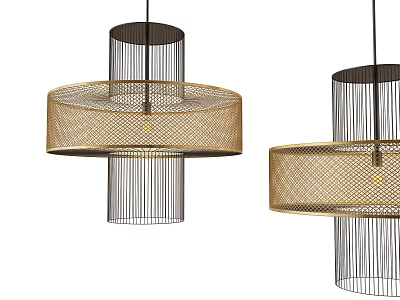 Modern Circular Chandeliers With Golden Woven Shades And Black Metal Frames 3d model