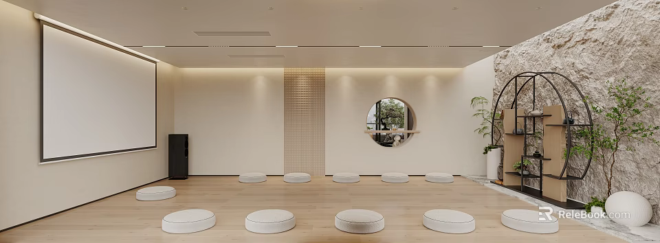 Minimalist Club Interior With Circular Window Round Cushions And Wooden Flooring 3d model 
