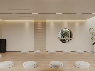 Minimalist Club Interior With Circular Window Round Cushions And Wooden Flooring 3d model