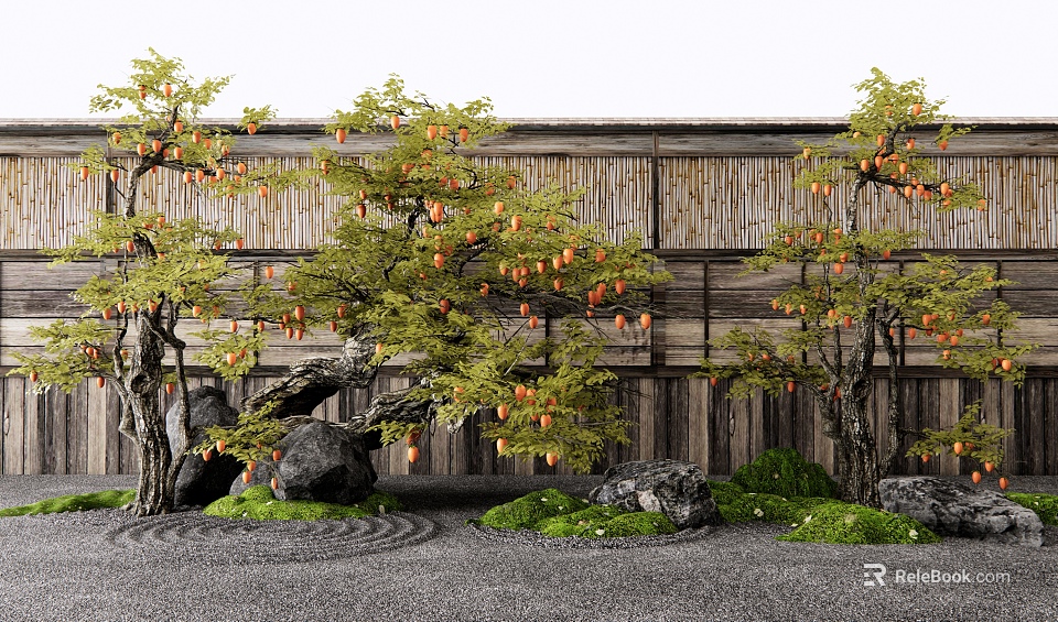 Fruiting Deciduous Trees With Orange Fruits Curved Trunks Near Wooden Wall Gravel Rocks And Grass 3d model 