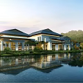 Modern Traditional Boutique Hotel Building With Courtyard Water Pool Green Landscaping And Wooden Deck