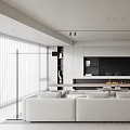 Modern Living Dining Room Interior With White Sofa TV Wall Fireplace And Beige Chair