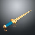 Golden Decorated Sword with Blue Hilt and Shiny Golden Blade on Dark Background