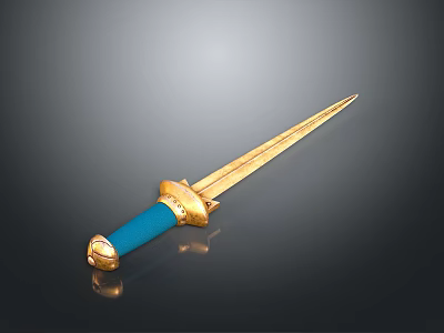Golden Decorated Sword with Blue Hilt and Shiny Golden Blade on Dark Background 3d model
