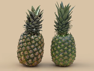 Two Whole Fresh Pineapples With Green Tops On Beige Surface 3d model