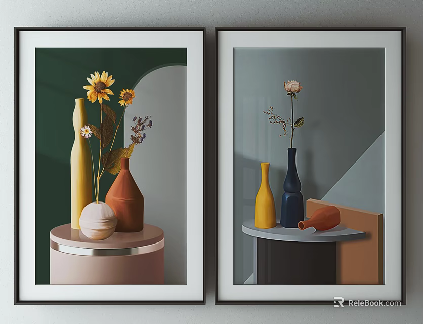 Two Framed Artworks With Colorful Vases And Flowers On Different Stands 3d model 