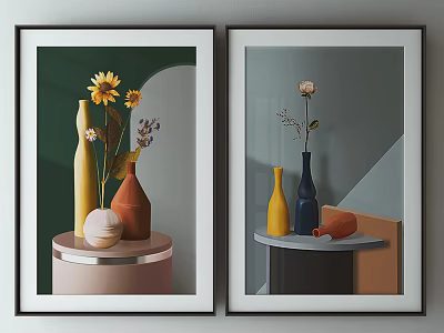 Two Framed Artworks With Colorful Vases And Flowers On Different Stands 3d model