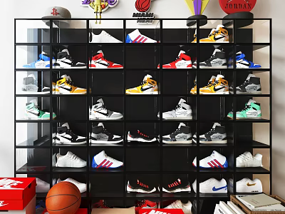 Black Metal Grid Multi Layer Shoe Cabinet With Organized Sneakers And Top Hats Trophies 3d model