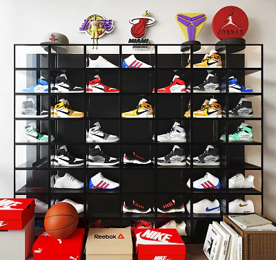 Black Metal Grid Multi Layer Shoe Cabinet With Organized Sneakers And Top Hats Trophies 3d model