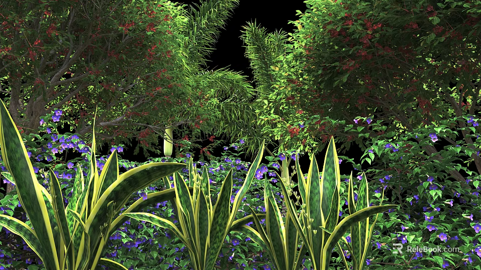 Vibrant Green Bushes With Purple Flowers And Tropical Foliage In Garden Landscape 3d model 