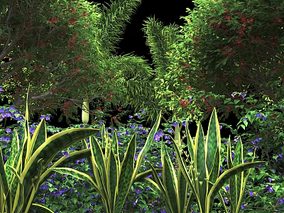 Vibrant Green Bushes With Purple Flowers And Tropical Foliage In Garden Landscape 3d model
