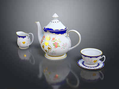 Elegant Ceramic Tea Set with Decorative Patterns Blue Rim Gold Accents and Heart Motifs 3d model