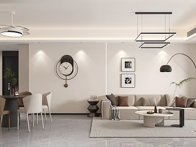 Modern Living and Dining Room Interior With Beige Sofa Round Coffee Table Wall Clock And Pendant Lights 3d model