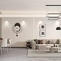 Modern Living and Dining Room Interior With Beige Sofa Round Coffee Table Wall Clock And Pendant Lights