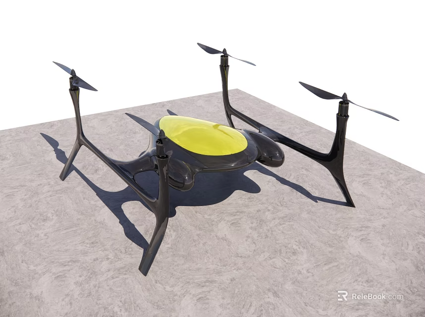 Black Drone With Yellow Top On Gray Surface And Four Propellers 3d model