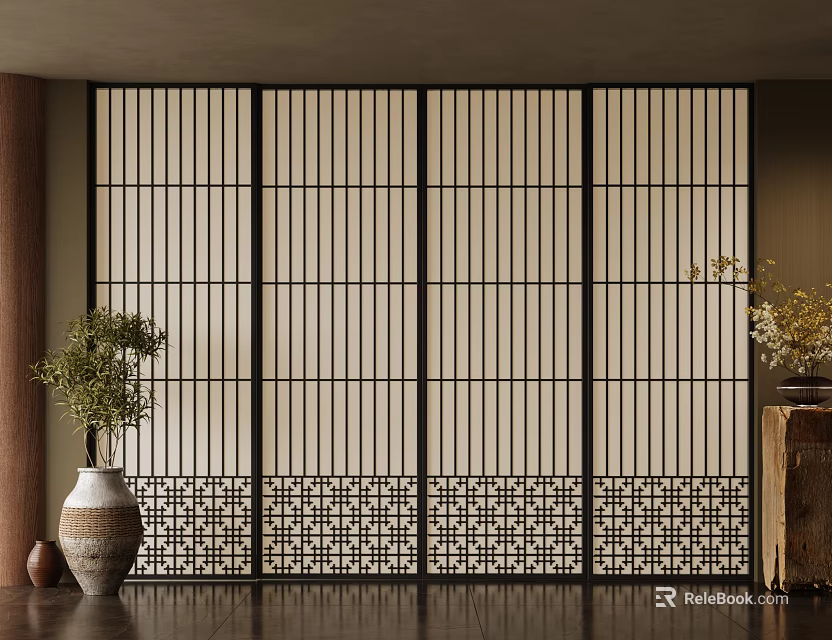 Japanese Style Sliding Doors With Wooden Frame Grid Design And Patterned Bottom In Interior Space 3d model 