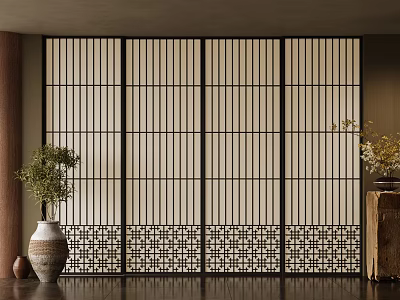 Japanese Style Sliding Doors With Wooden Frame Grid Design And Patterned Bottom In Interior Space 3d model