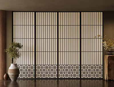 Japanese Style Sliding Doors With Wooden Frame Grid Design And Patterned Bottom In Interior Space 3d model