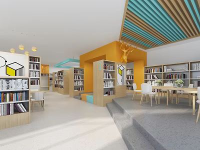 School Library Interior With Colorful Striped Ceiling Orange Columns Bookshelves And Tables 3d model