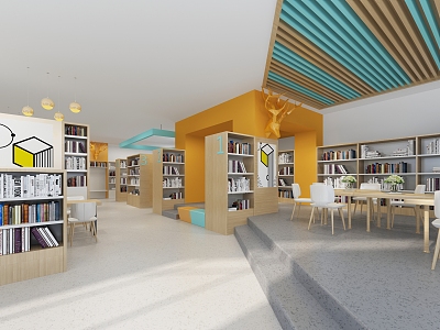 Modern school library service desk bookshelf books deer head 3d model