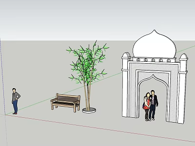 Building Exterior with Dome and Arched Entrance People Tree and Bench in Front 3d model