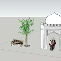 Building Exterior with Dome and Arched Entrance People Tree and Bench in Front
