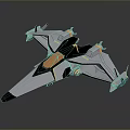 Futuristic Blue And White Aircraft With Aerodynamic Design And Golden Accents