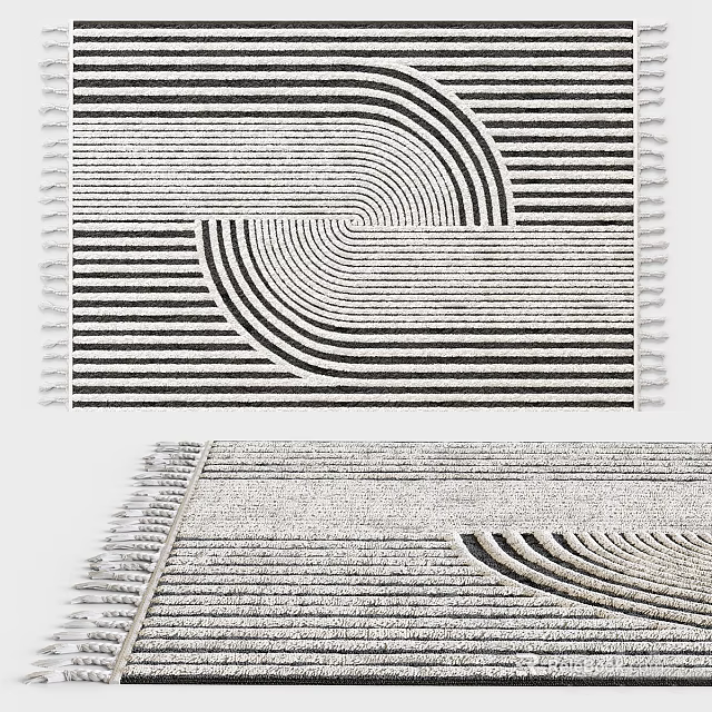Square Rug With Black White Striped Geometric Patterns And Fringe 3d model 