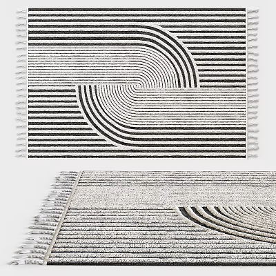 Square Rug With Black White Striped Geometric Patterns And Fringe 3d model