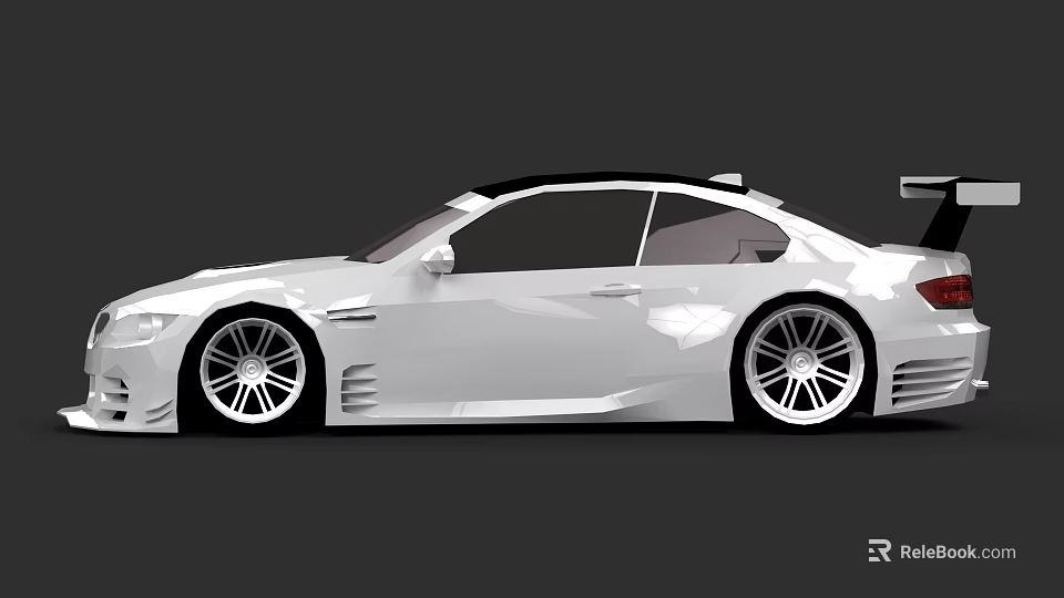 White Sports Car With Wide Body Design Large Rear Spoiler And Alloy Wheels 3d model 