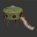 Green Round Play Structure With Red Trim White Top Sphere Circular Holes And Silver Slide