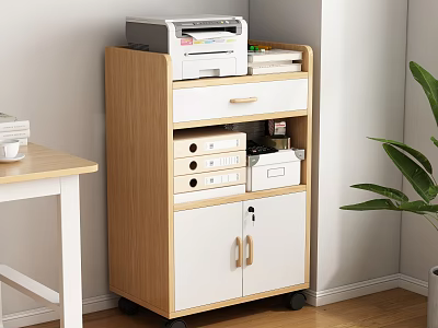 Wooden White Bookcase With Drawers And Wheels Holding Printer File Boxes In Home Office 3d model