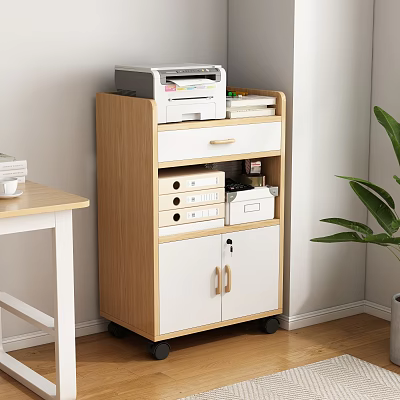 Wooden White Bookcase With Drawers And Wheels Holding Printer File Boxes In Home Office 3d model