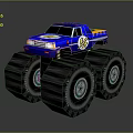 Blue Monster Truck with Large Off Road Tires and Decorative Graphics On Body