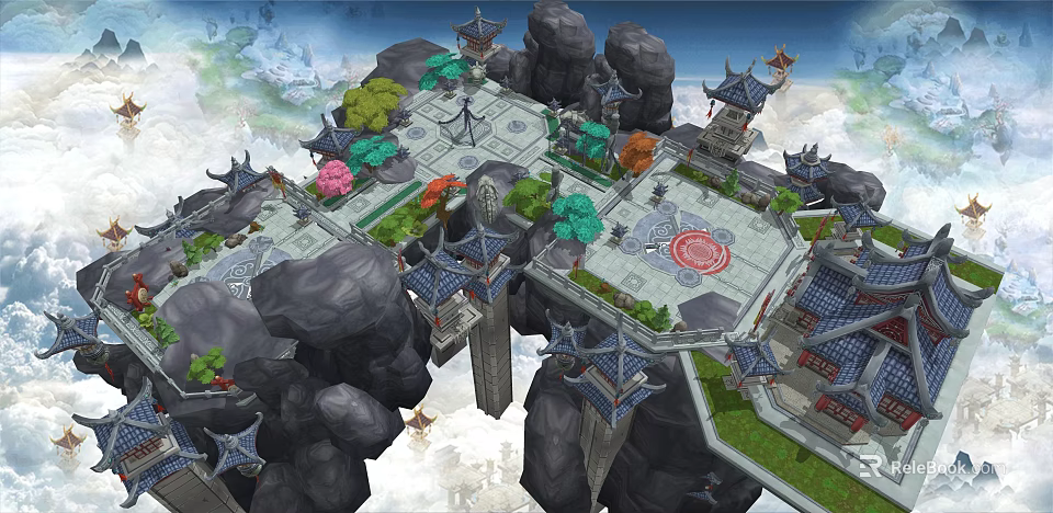 Ancient Chinese Architecture Complex In Mountainous Setting With Traditional Pavilions And Stone Platforms 3d model 