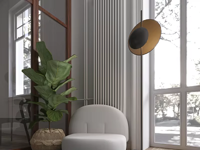White Single Seater Sofa In Modern Interior With Green Fig Leaf Plant And Hanging Lamp 3d model